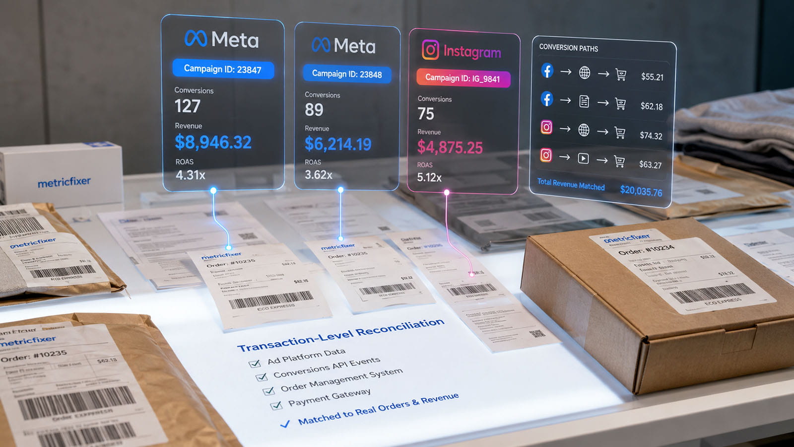 Transaction-level reconciliation of Meta Ads campaigns with ecommerce order IDs and revenue