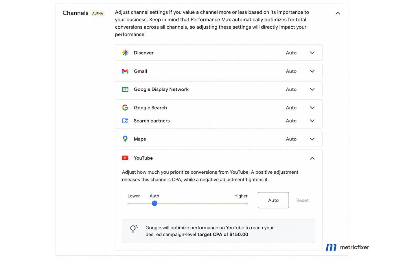 Google Performance Max channel prioritization controls in the Channels alpha settings