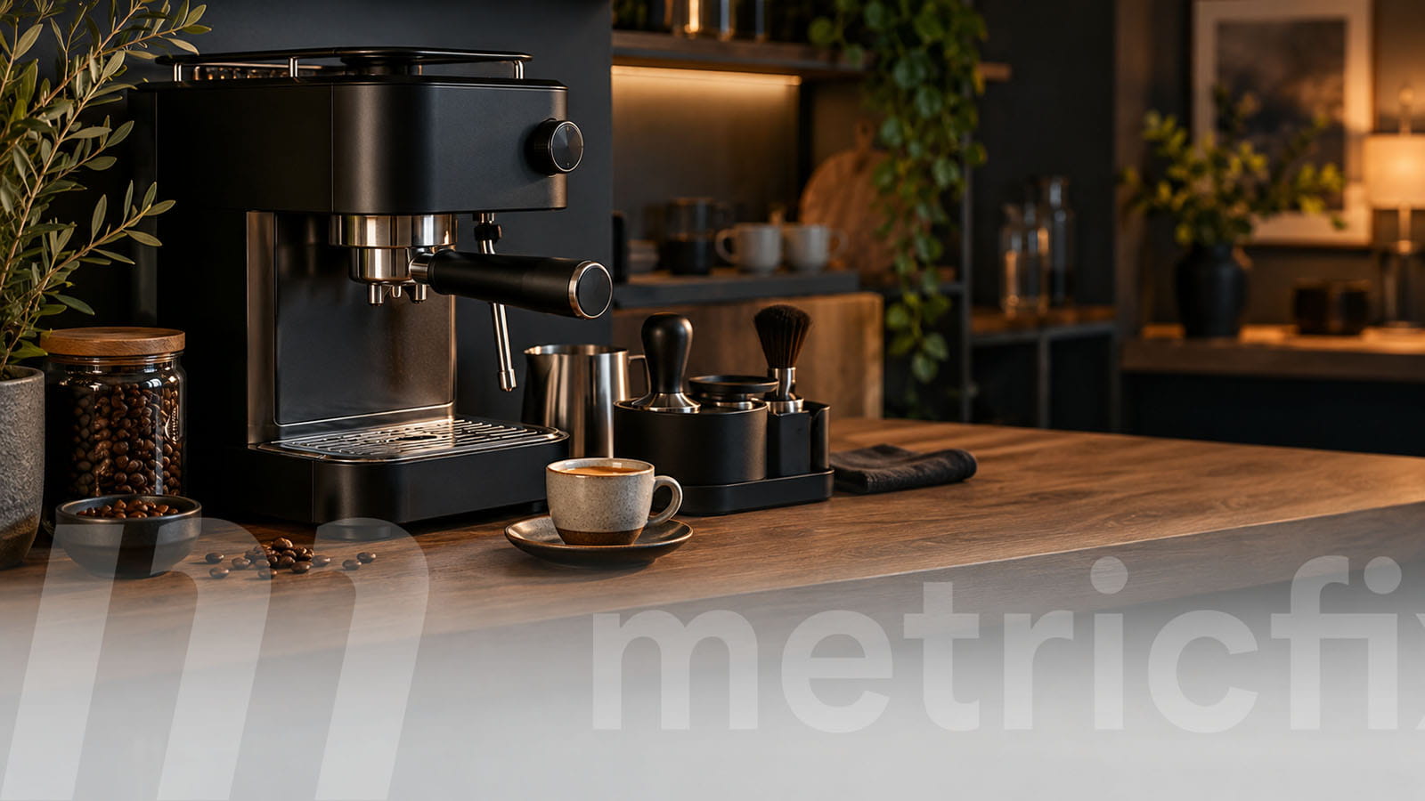 Curated home coffee station with espresso machine, accessories, and care tools
