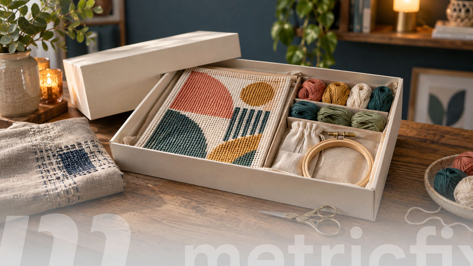 Complete adult needlepoint and visible-mending craft kit with materials and tools