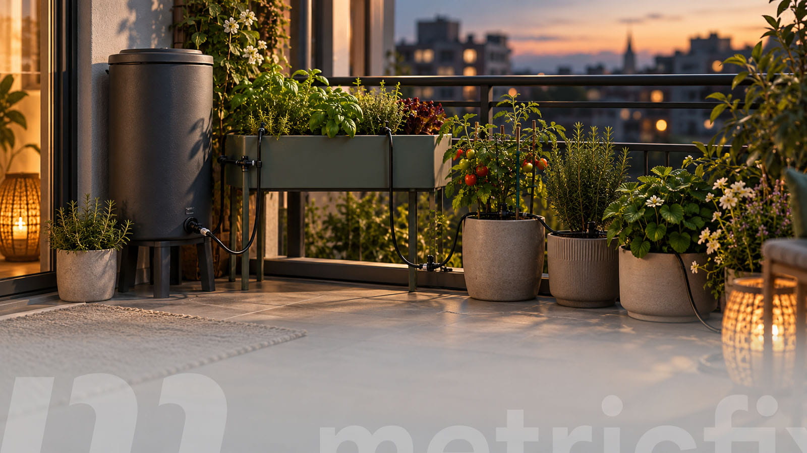 Compact drip watering system for balcony planters and herbs