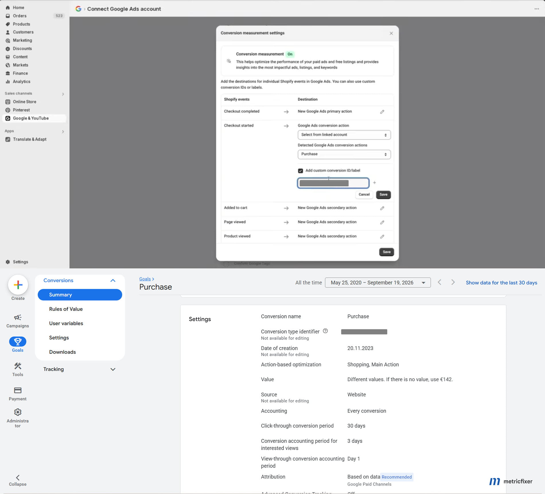 Shopify Checkout complete mapping beside its corresponding Google Ads purchase conversion action and available source diagnostics.