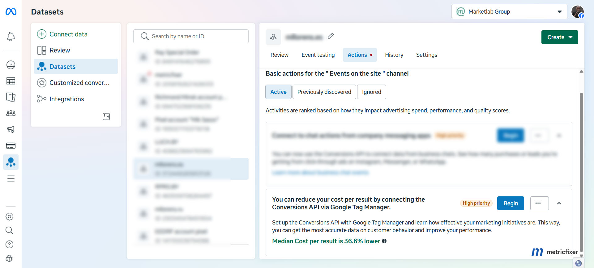 Meta Events Manager recommends connecting Conversions API via Google Tag Manager and shows a 36.6% lower median cost per result claim.