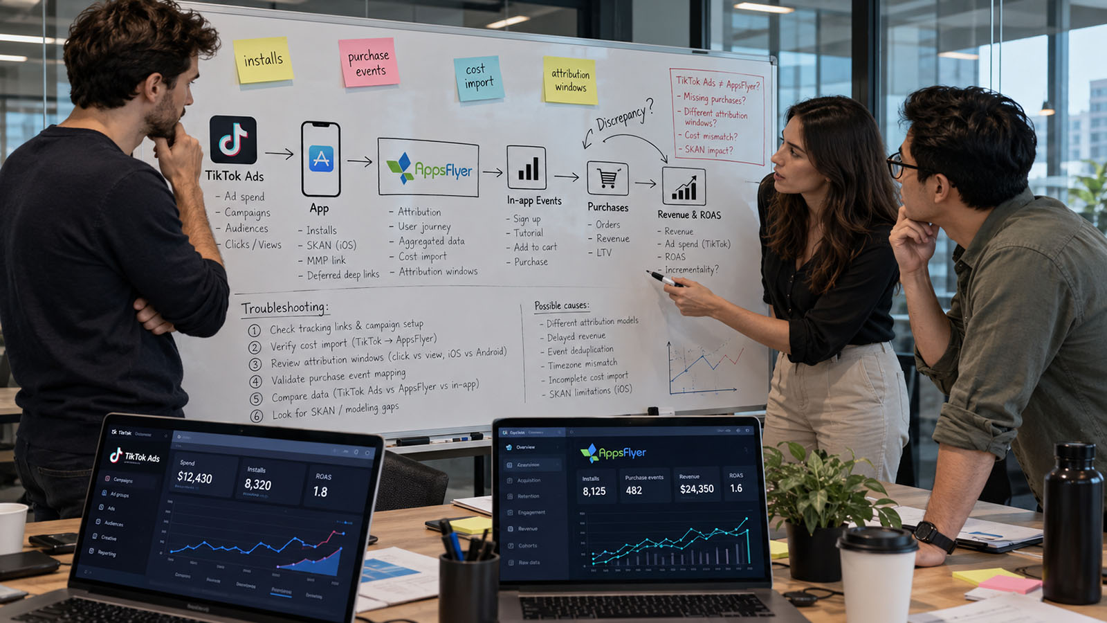 Troubleshoot TikTok and AppsFlyer discrepancies in spend, installs, purchases, revenue, and ROAS. Separate attribution differences from broken tracking.