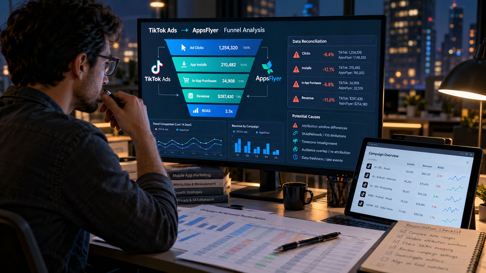 A practical guide to mismatched spend, installs, purchases, revenue, and ROAS, with diagnostic checks, current iOS caveats, and a worked example.