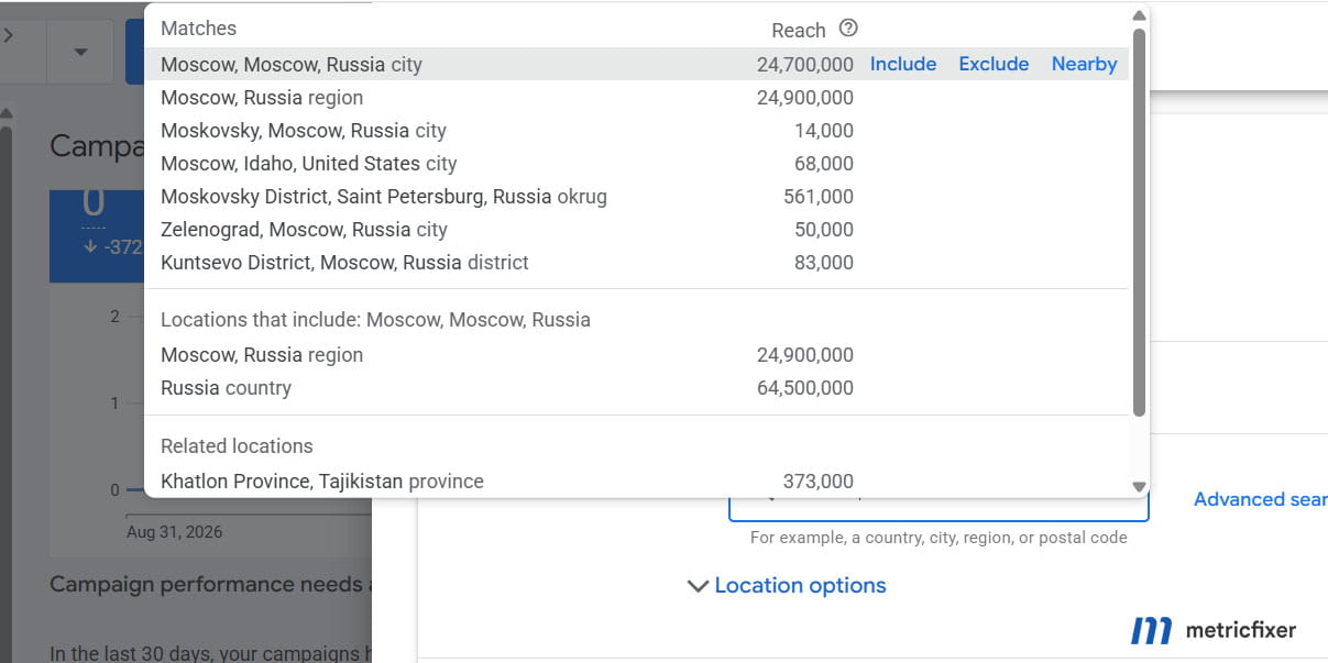 Google Ads location selector showing Moscow and other Russian locations with standard targeting controls.