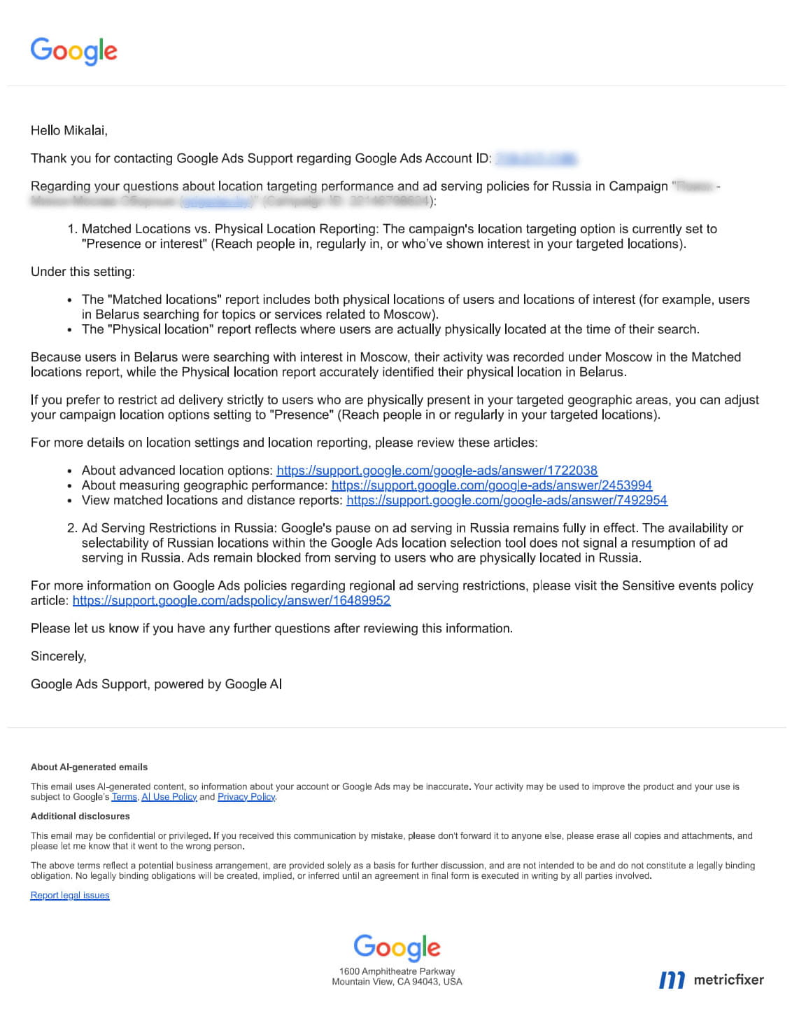 Redacted Google Ads Support email explaining Moscow location-interest matching and the continued Russia ad-serving pause, with its AI disclosure visible.
