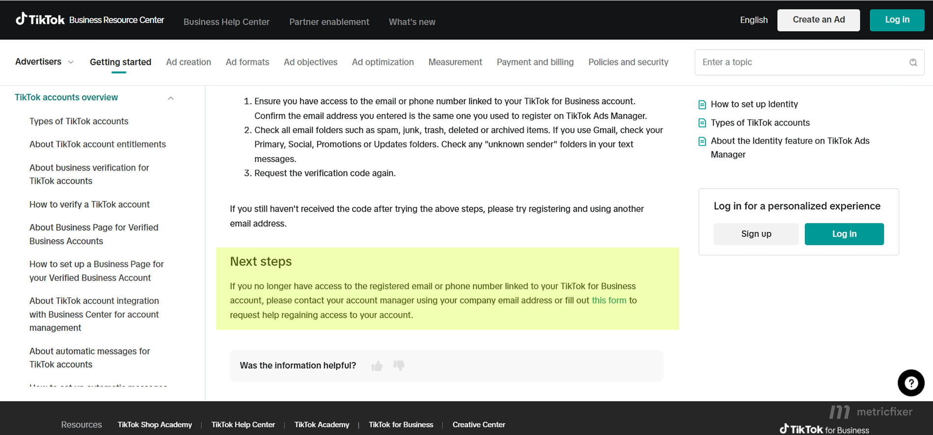 TikTok Help Center guidance directing users without access to their registered email or phone to an account manager or the linked help form.