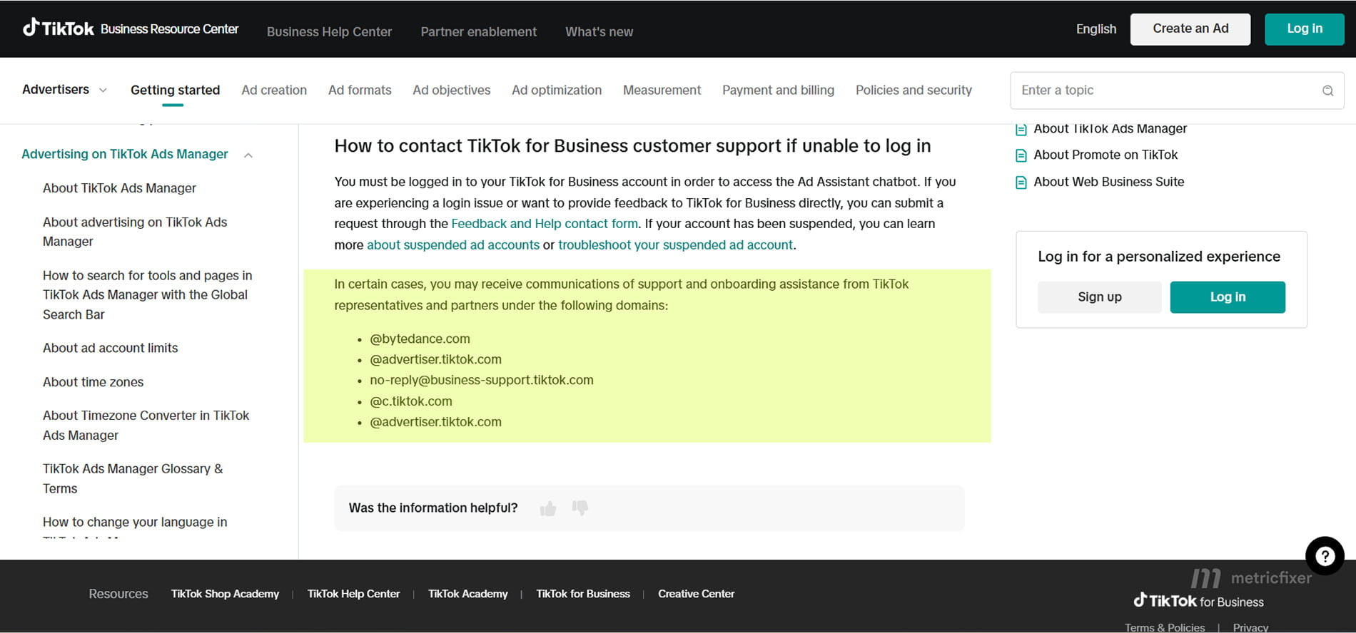 TikTok's customer-support article distinguishes the signed-in Ad Assistant from the Feedback and Help route for login problems.