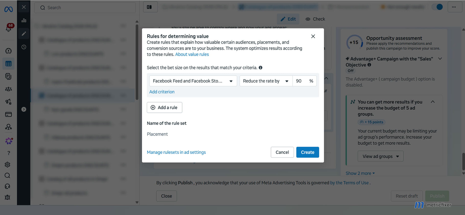 Meta Ads placement value rule with a 90 percent bid decrease.
