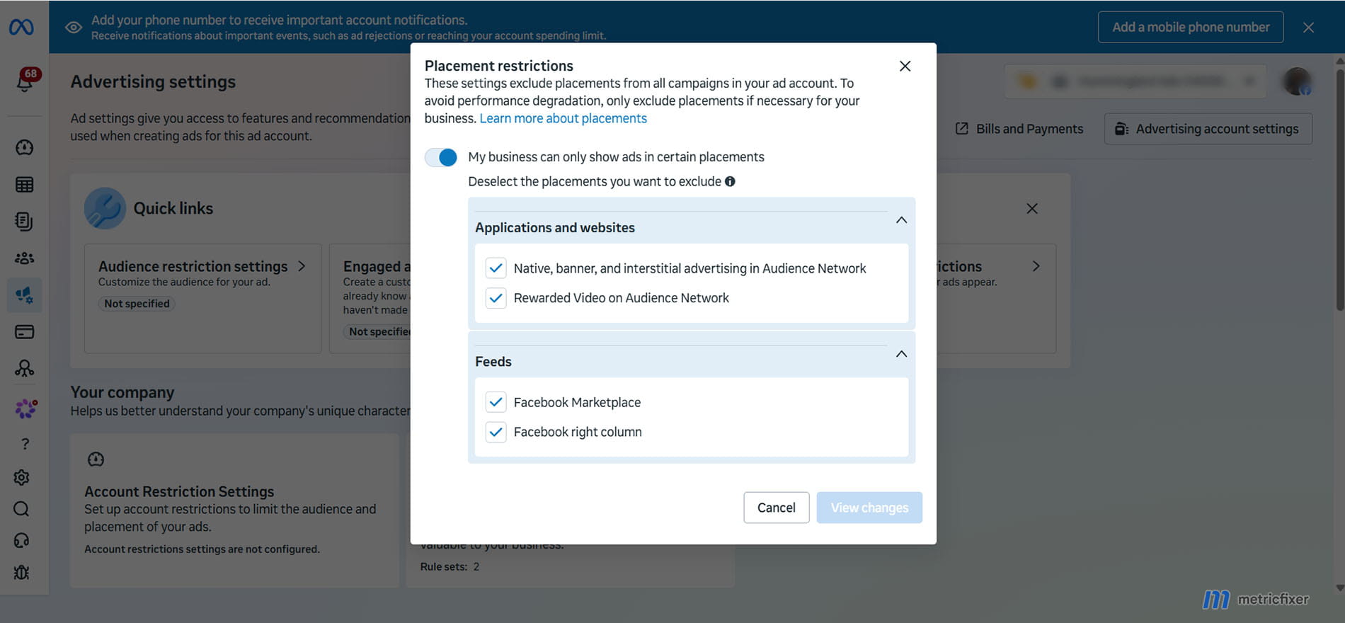 Meta Ads account-level placement controls for Audience Network, Marketplace and right column.