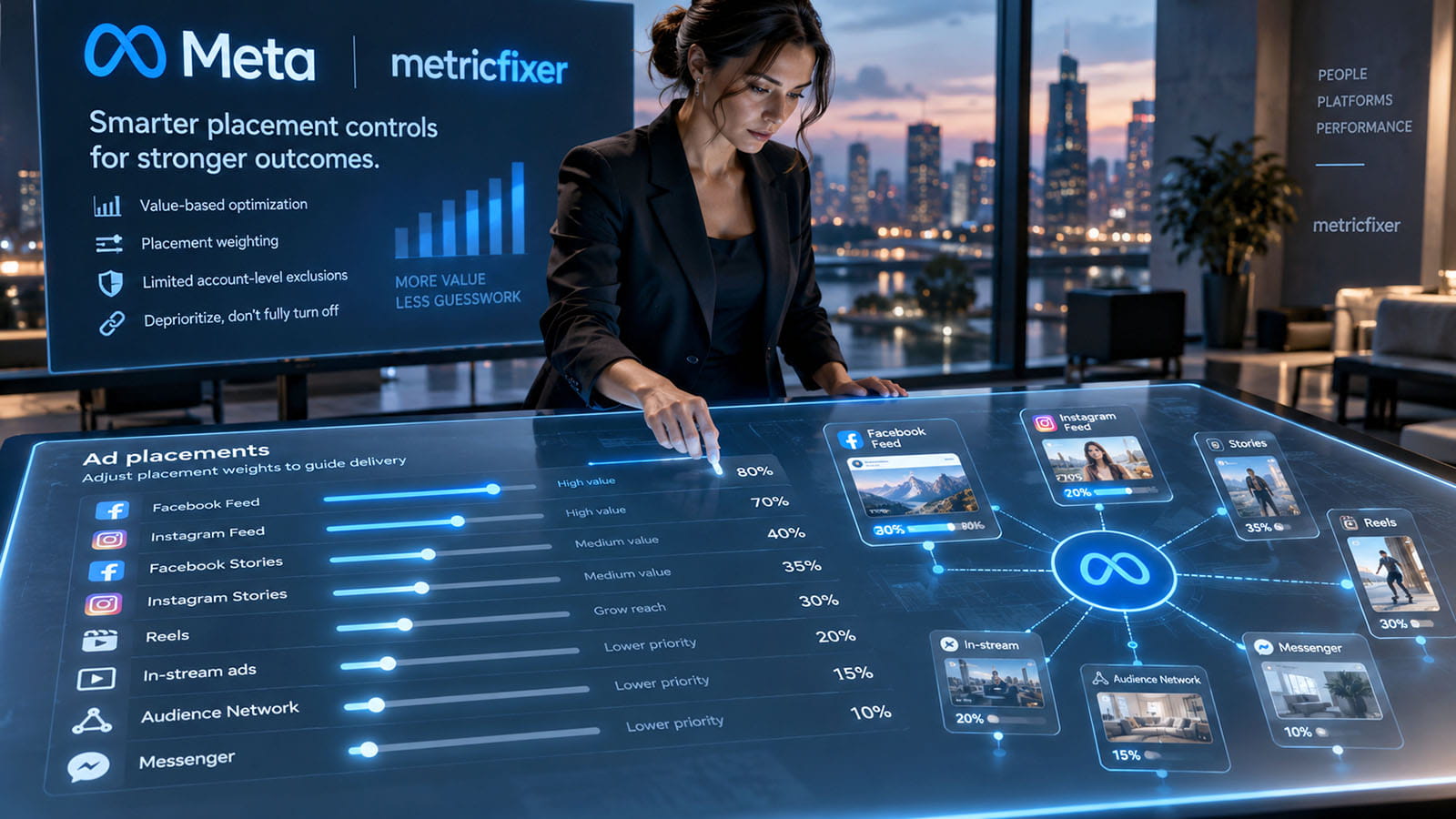Meta Ads account-level placement controls for Audience Network, Marketplace and right column.