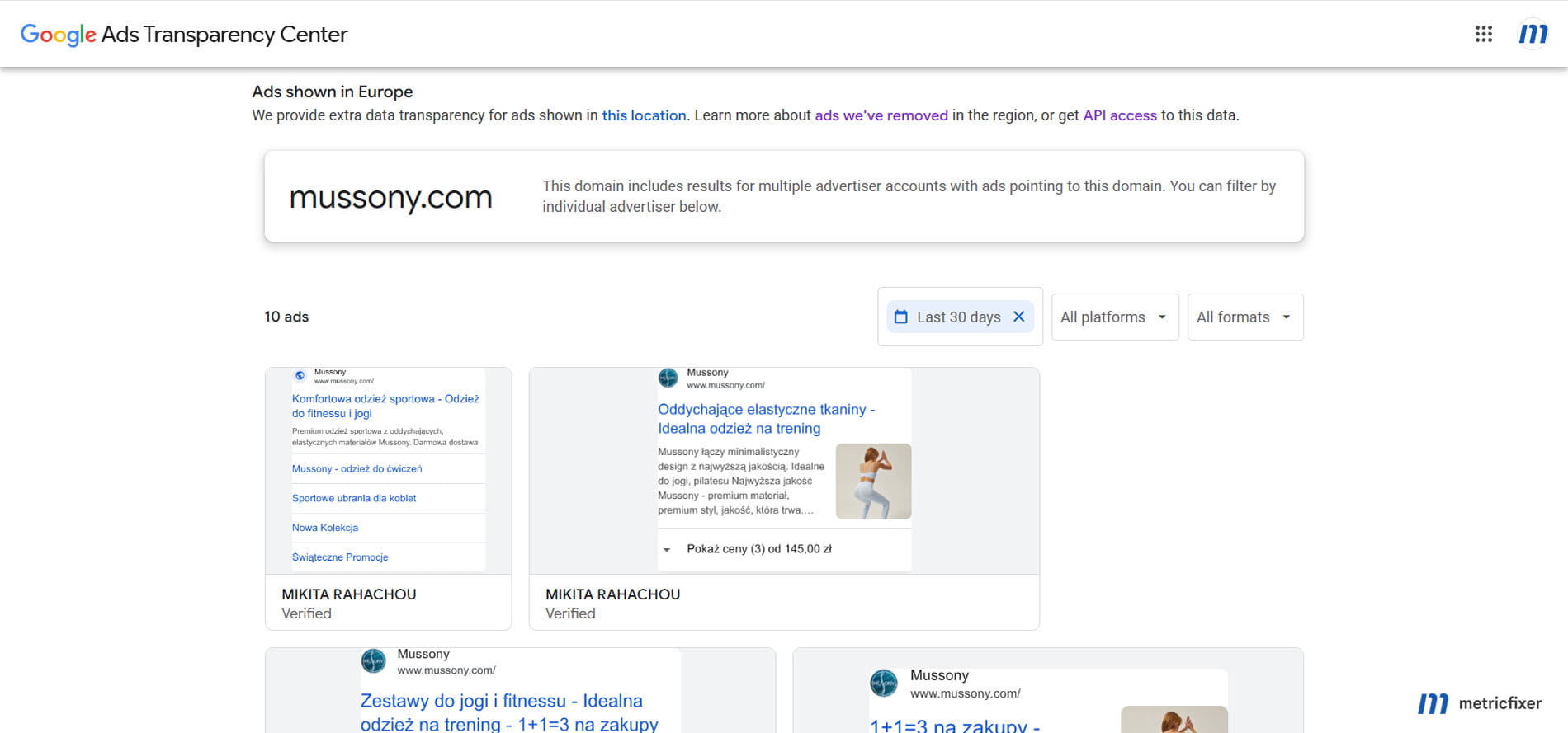 Google Ads Transparency Center search showing an advertiser or website together with the selected market and date filters.
