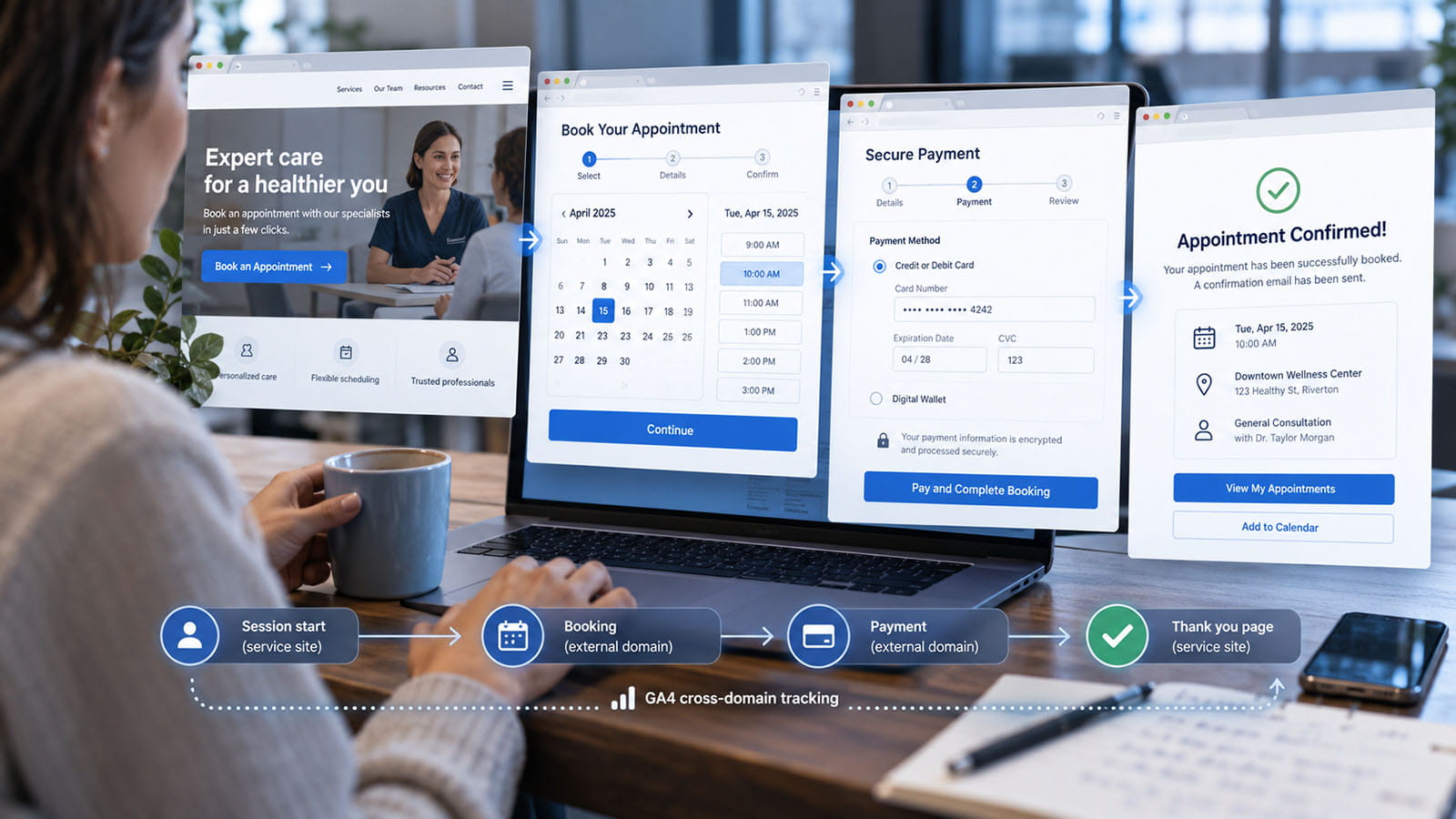 Keep one GA4 user and session across landing pages, subdomains, booking tools, payment returns, redirects, forms, and server-side purchase events.