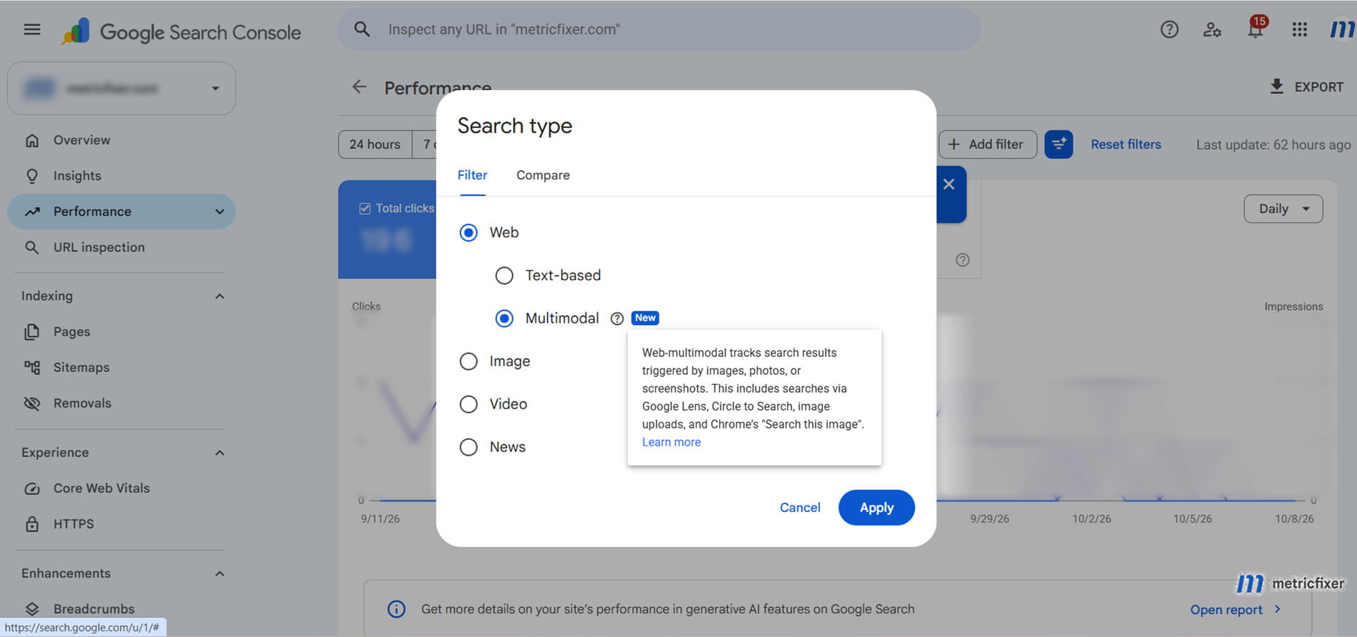Google Search Console Search type dialog with Web: Multimodal selected and its explanatory tooltip open.