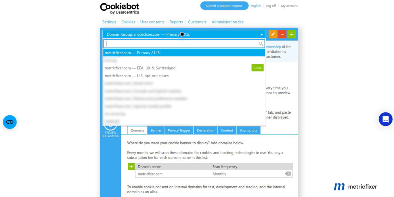 Cookiebot domain groups for a U.S.-focused website with separate EEA, UK, Switzerland, and U.S. privacy configurations.