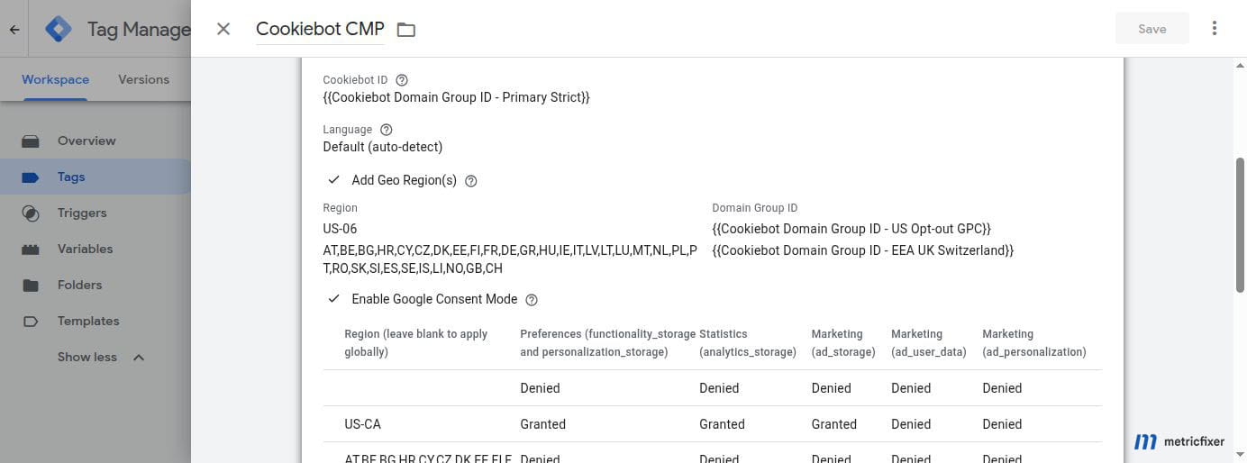 Cookiebot geo-targeting settings that display a consent banner to visitors in the EEA, United Kingdom, and Switzerland.