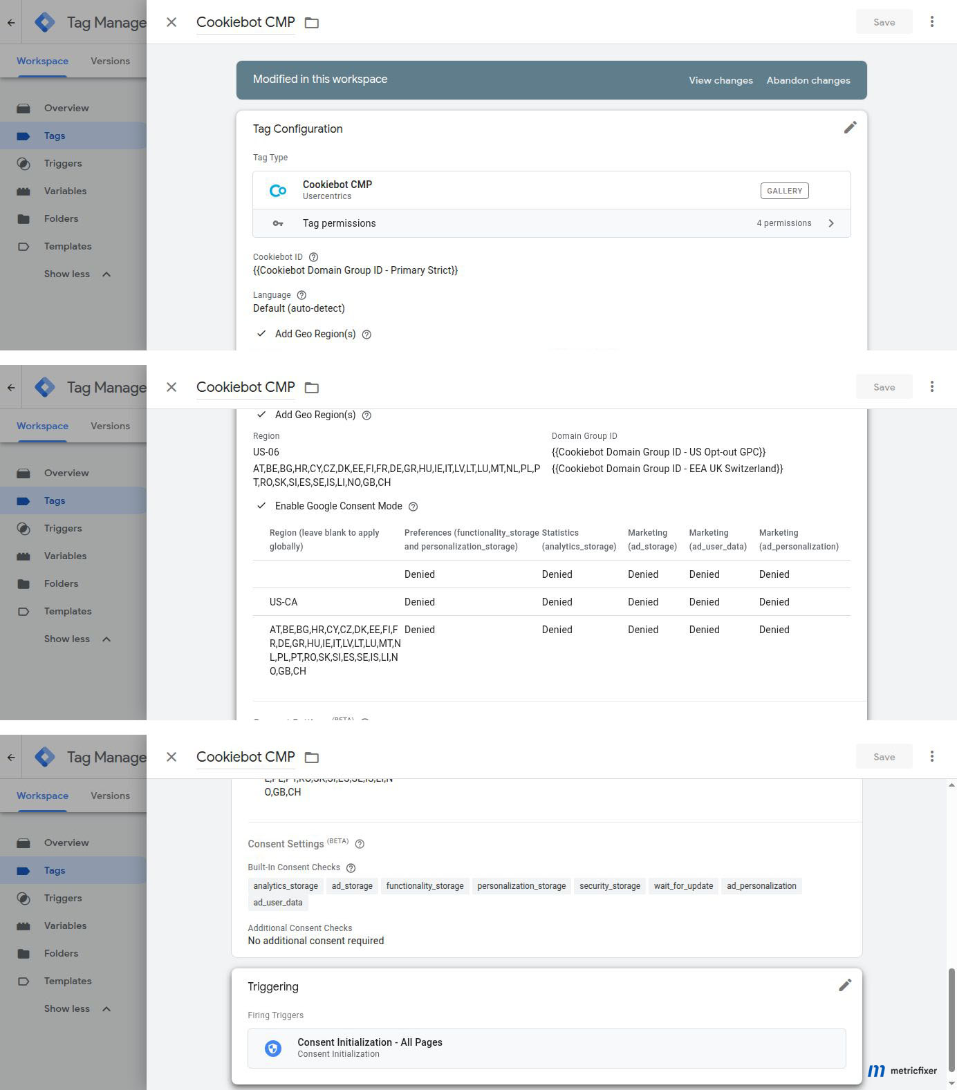 Cookiebot CMP tag in Google Tag Manager using the Consent Initialization trigger and regional Consent Mode defaults.