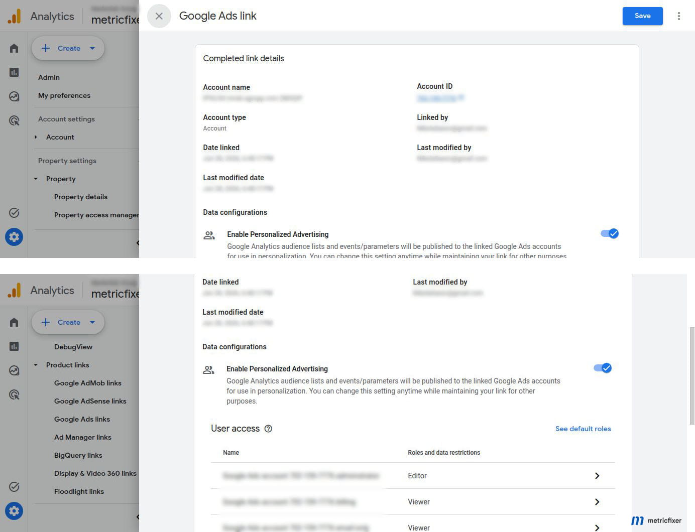 GA4 Google Ads link setup with the correct Ads account and personalized advertising enabled.