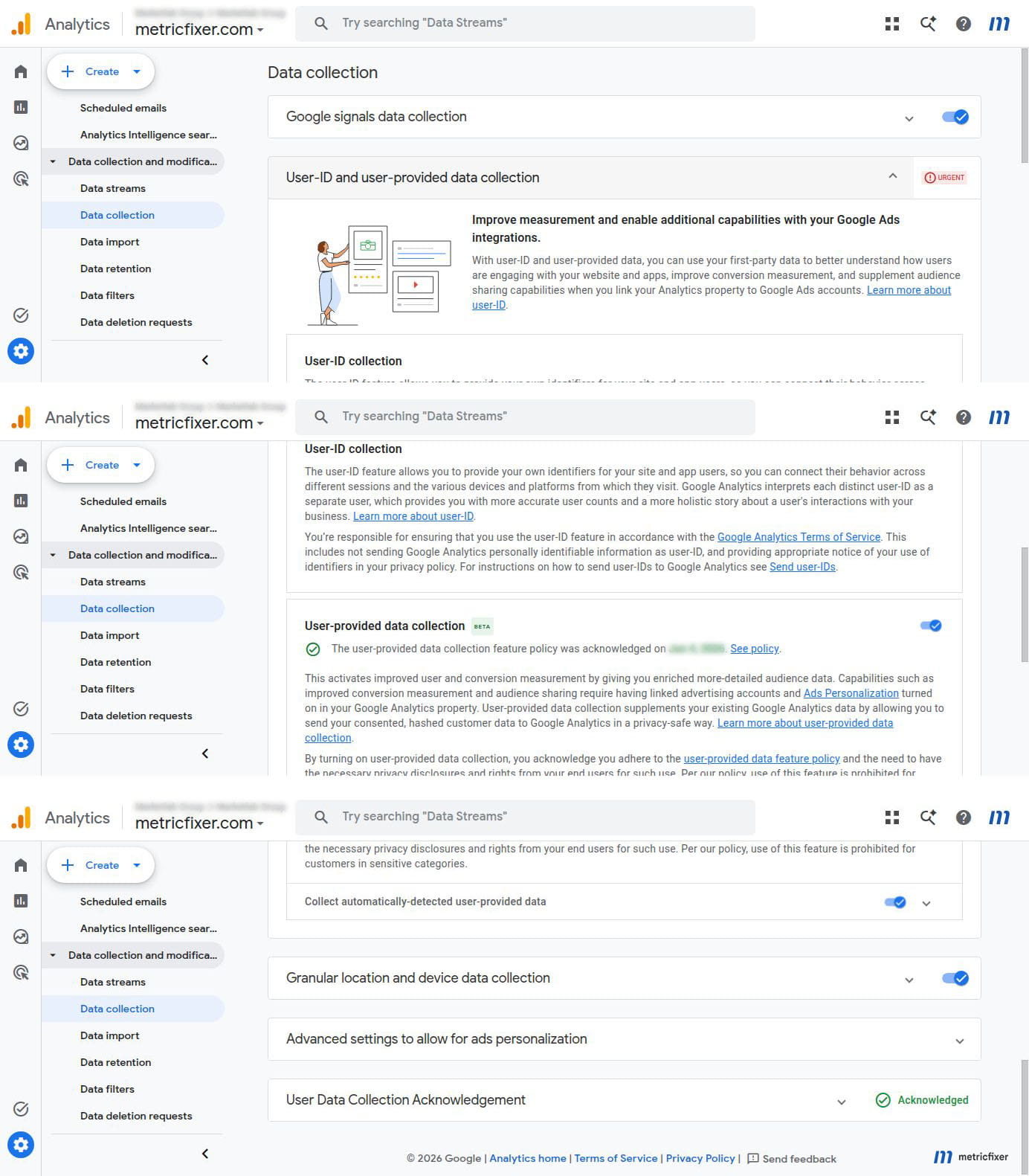 GA4 data collection settings with user-data acknowledgment, Google Signals, and user-provided data controls.