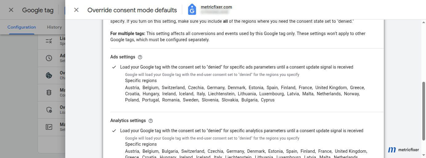Google tag Consent Mode override with denied defaults for EEA, UK, and Swiss visitors.