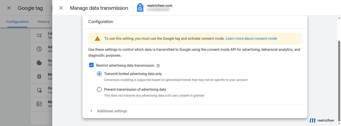 Google tag data-transmission controls with limited advertising data selected for denied consent states.