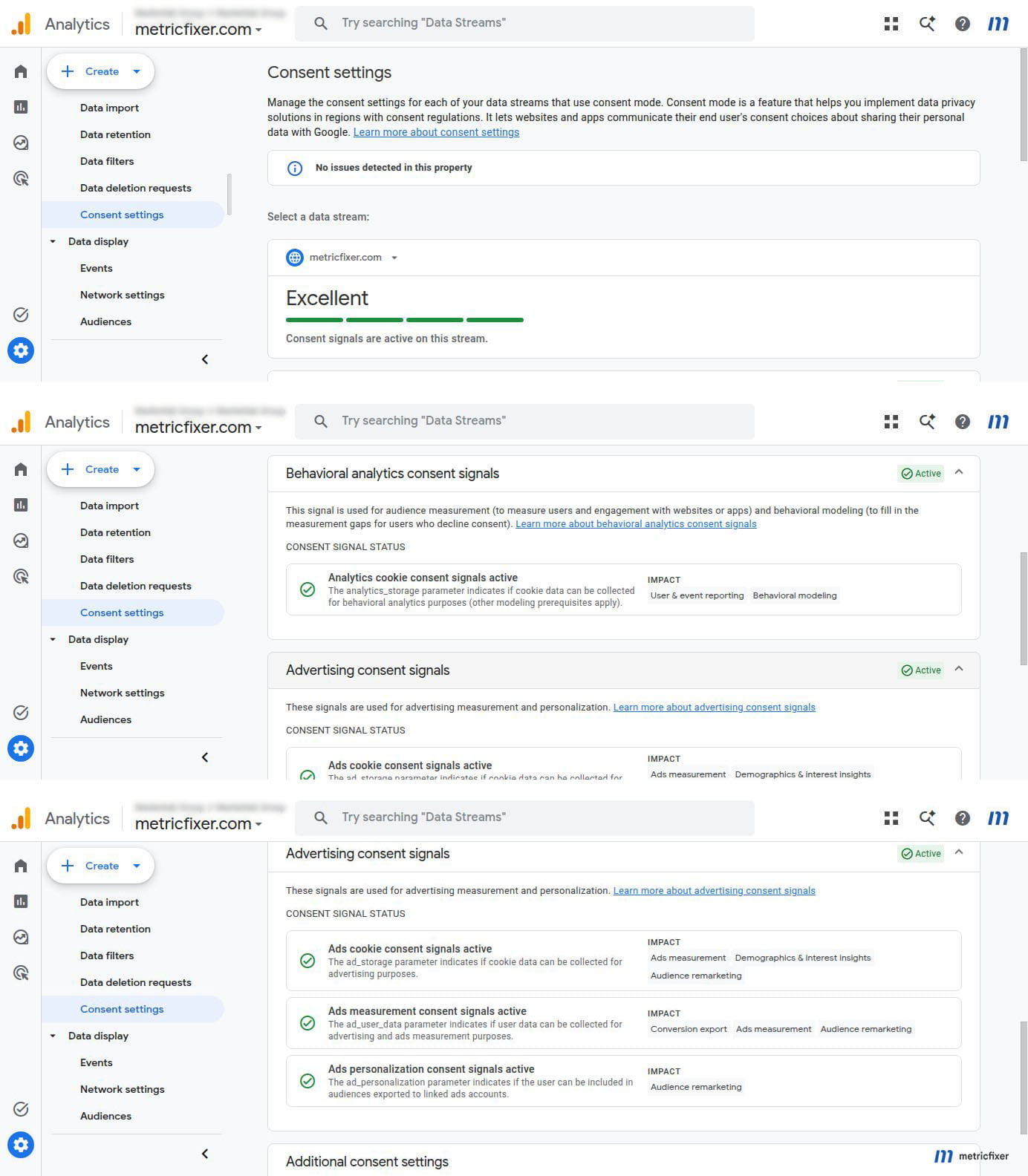 GA4 Consent settings showing behavioral and advertising consent signal status for a web data stream.