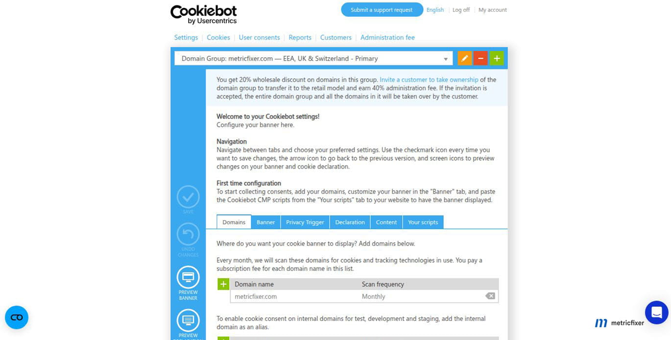 Cookiebot primary domain group configured for a European website with multilingual consent settings.