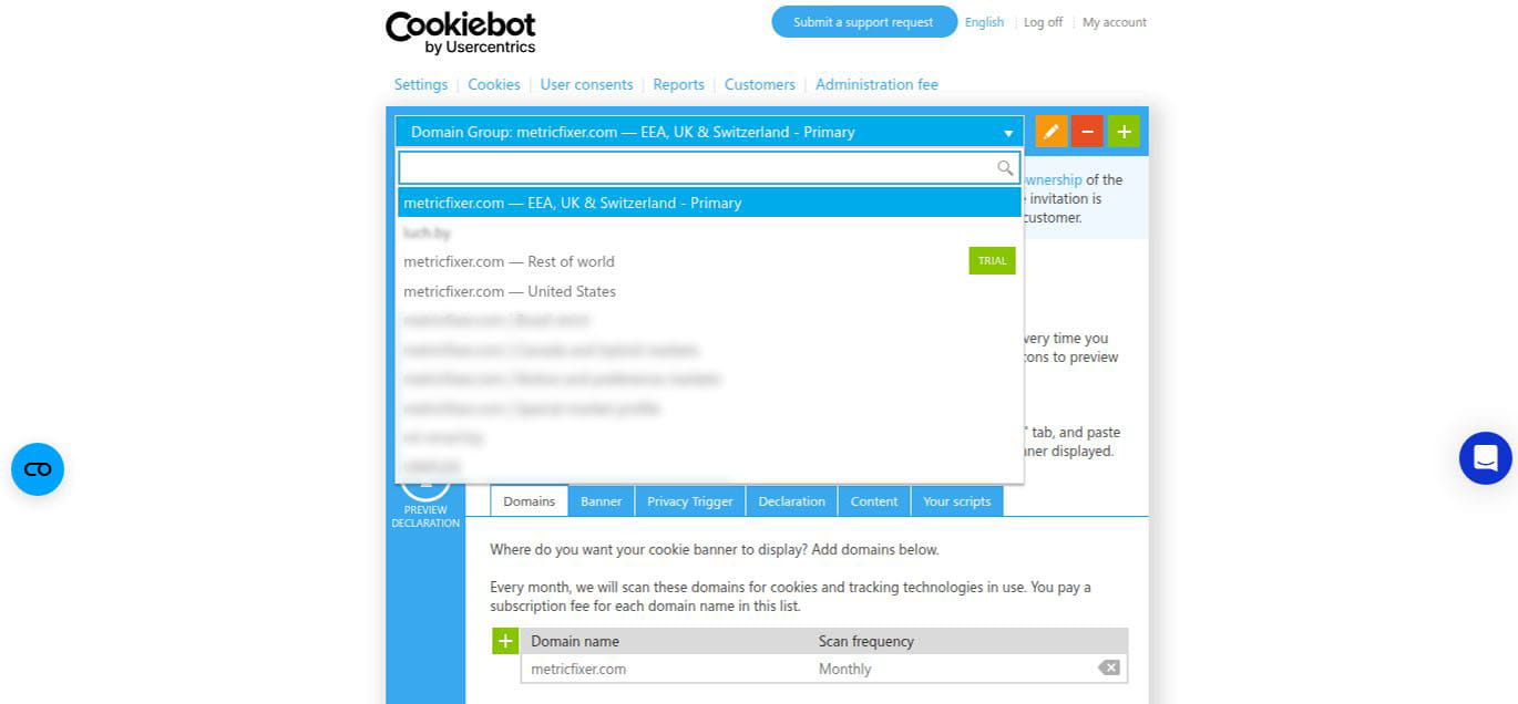 Cookiebot domain groups for European, United States, and rest-of-world privacy configurations.
