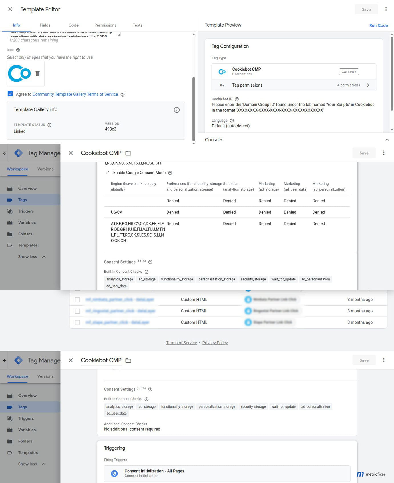 Cookiebot CMP tag in GTM using Consent Initialization and denied European Consent Mode defaults.