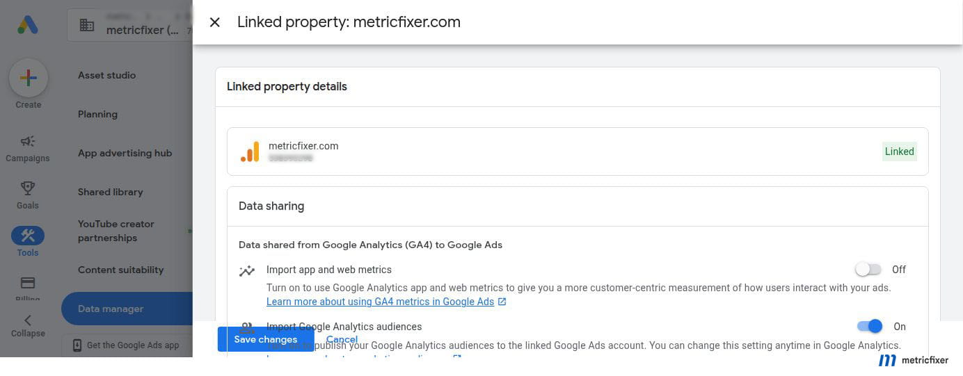 Linked GA4 property in Google Ads with Analytics audience import enabled and app and web metrics optional.