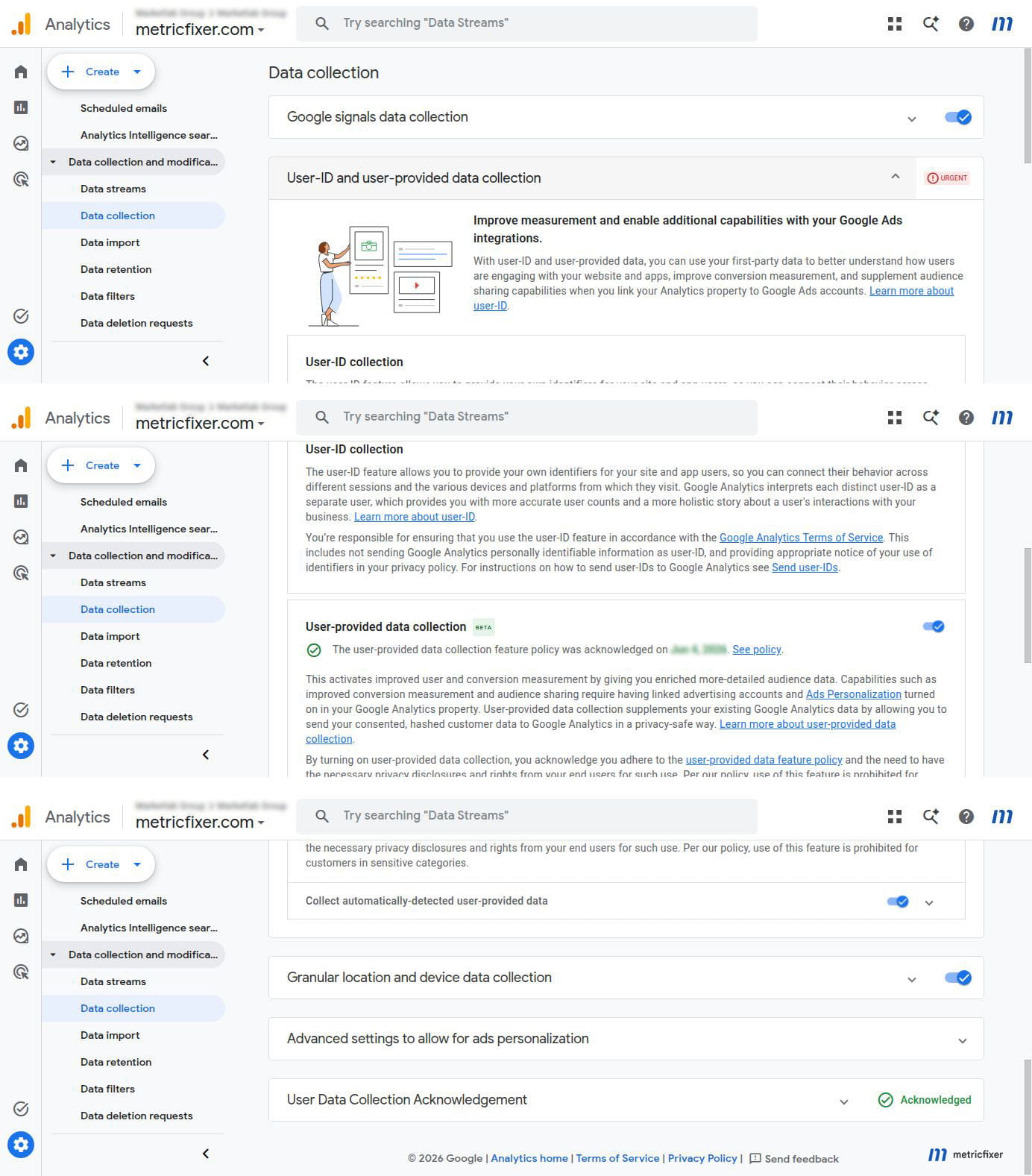 GA4 data collection settings with user-data acknowledgment, Google Signals, and user-provided data controls.