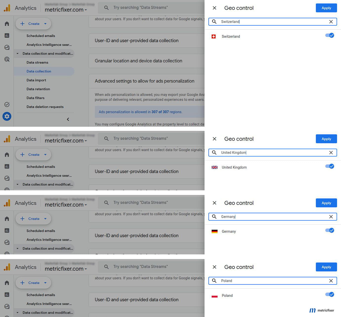 GA4 regional ads personalization settings reviewed for EEA, UK, and Swiss traffic.