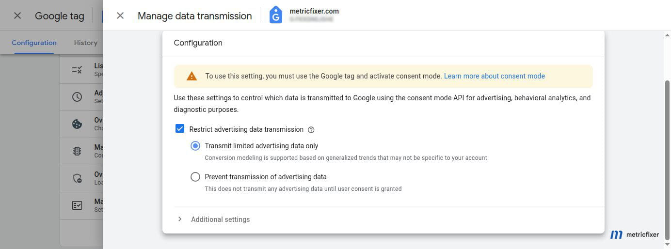 Google tag data-transmission controls for limited or no advertising data when consent is denied.