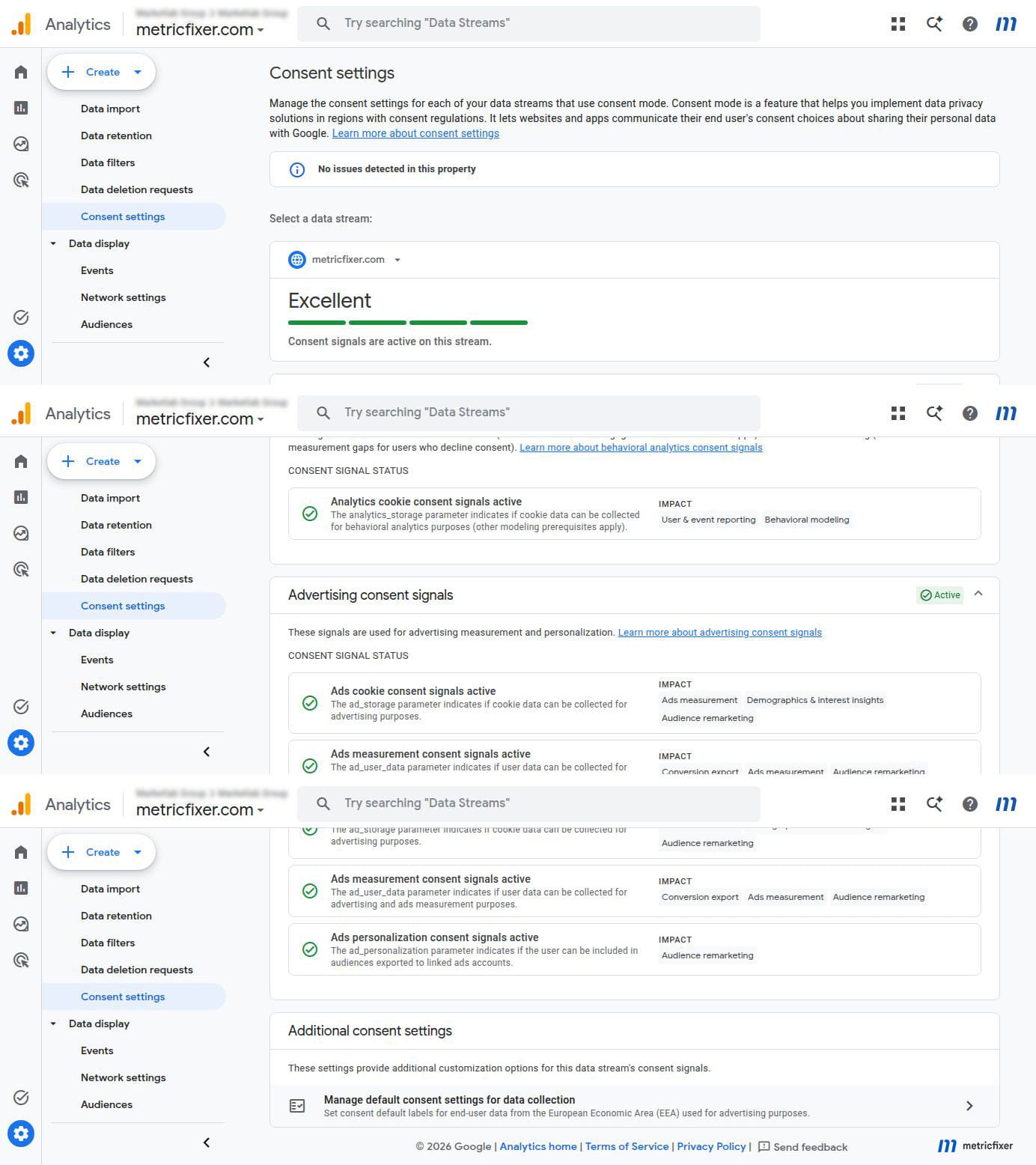 GA4 Consent settings showing behavioral and advertising consent signals for the metricfixer web stream.