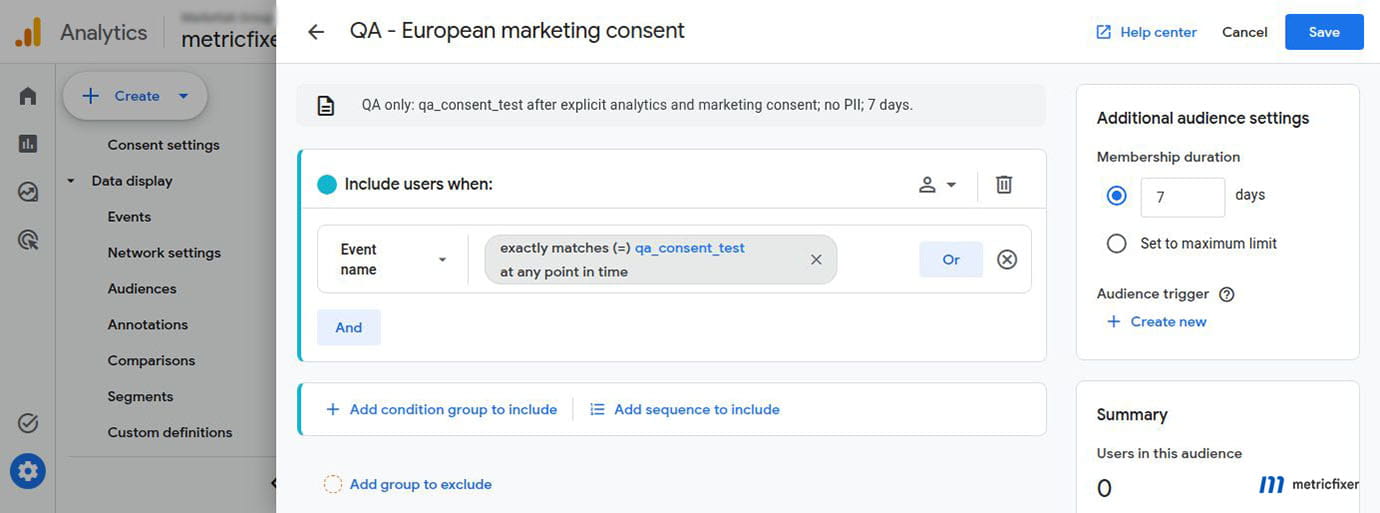 Temporary GA4 audience used to test European marketing-consent audience export.