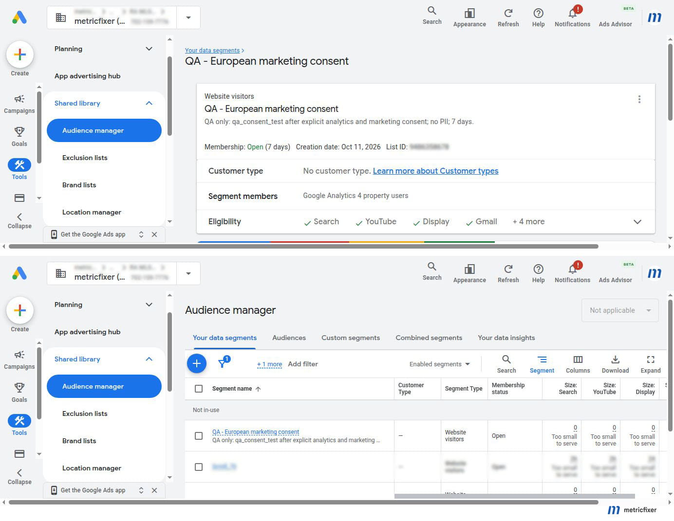 Google Ads Audience Manager showing GA4 audience source, list status, and network-specific audience sizes.