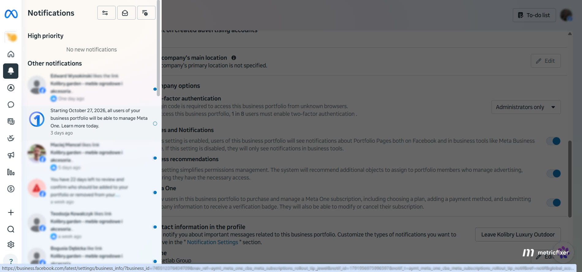 Meta One offer showing the selected plan, covered account, recurring price, renewal terms and included limits in an authorized business account.
