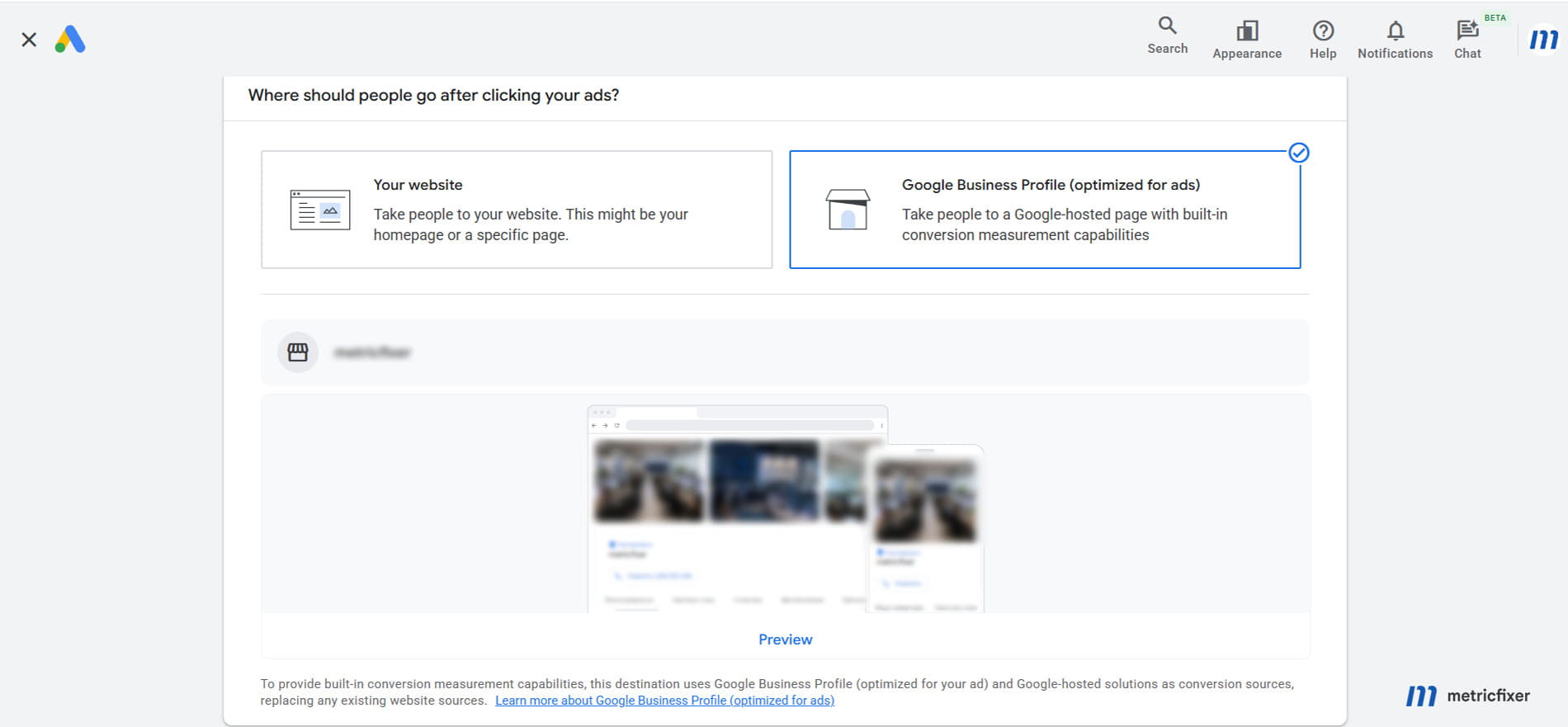 Performance Max setup with a Google Business Profile selected as the advertising destination.