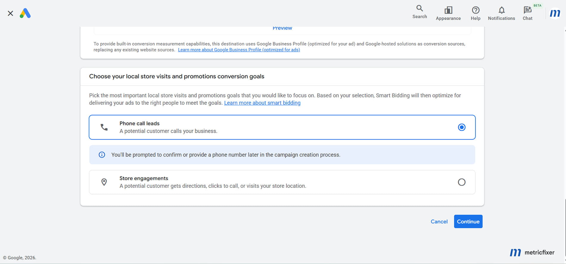 Conversion settings showing the local actions and phone-call outcomes selected for a Performance Max campaign.