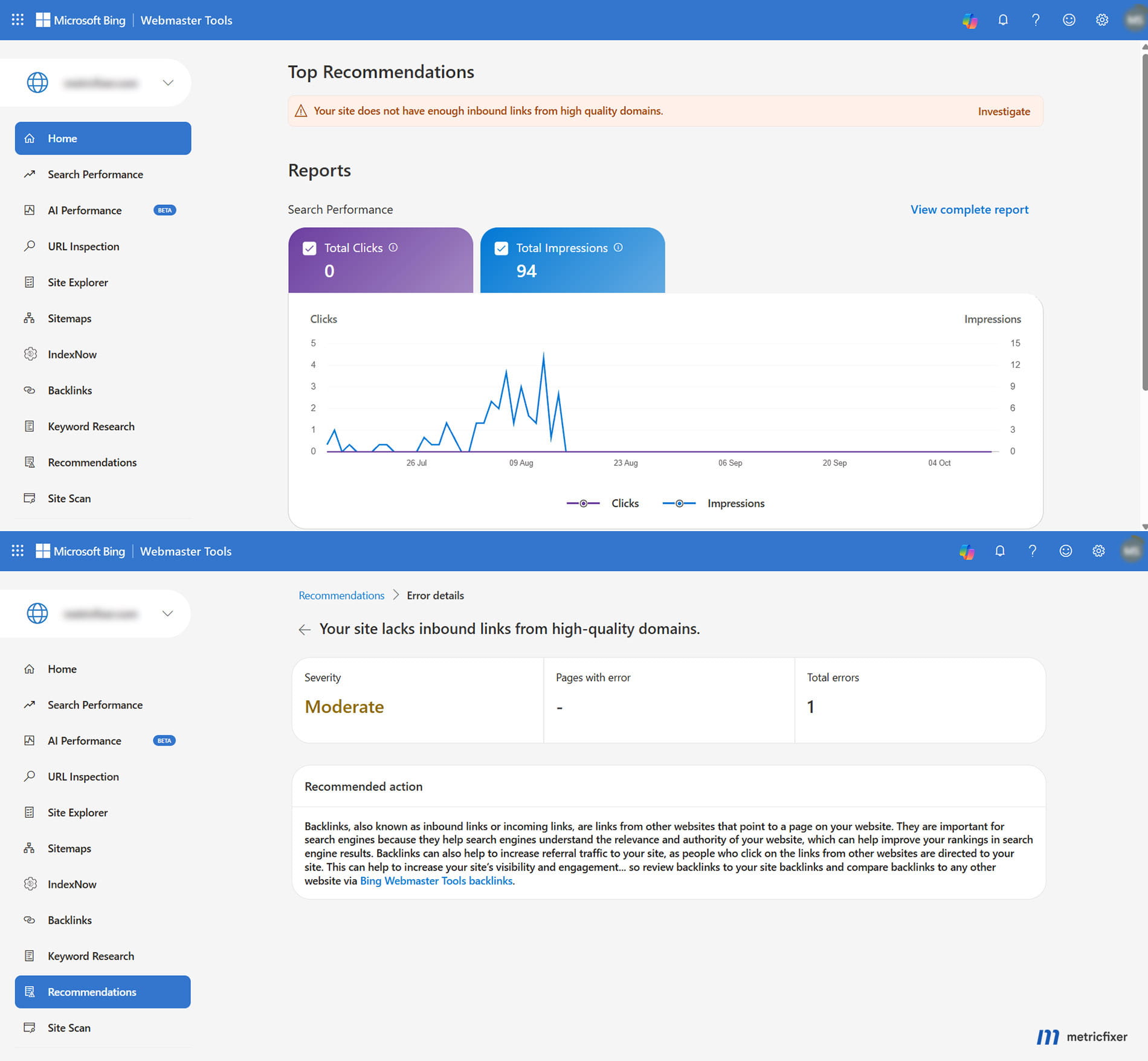 Bing dashboard showing a backlink recommendation and an impressions graph that drops to zero for an anonymized young website.