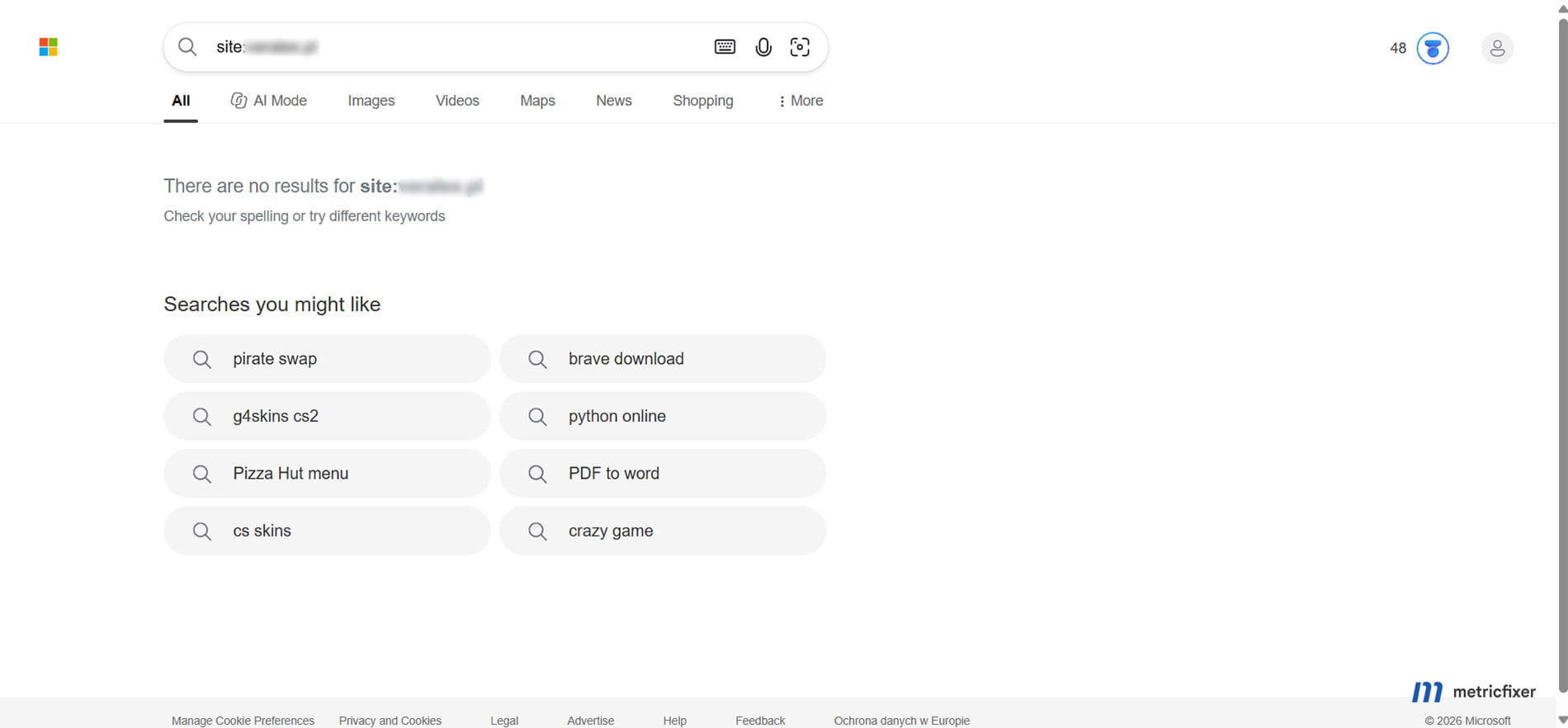 Bing returning no results for a domain-restricted search, with the actual website name redacted.