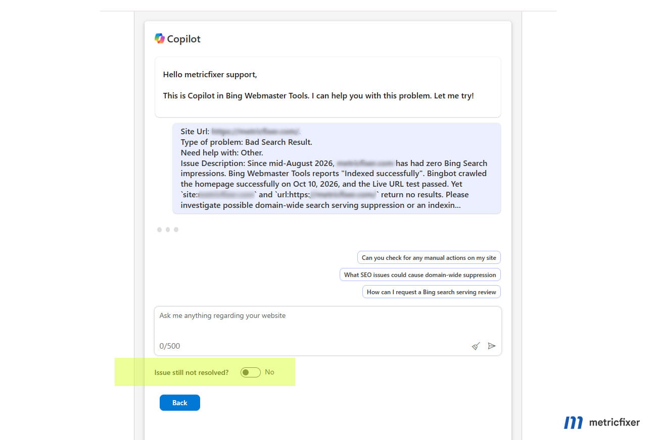 Bing Webmaster support assistant with the Issue still not resolved control below the conversation.
