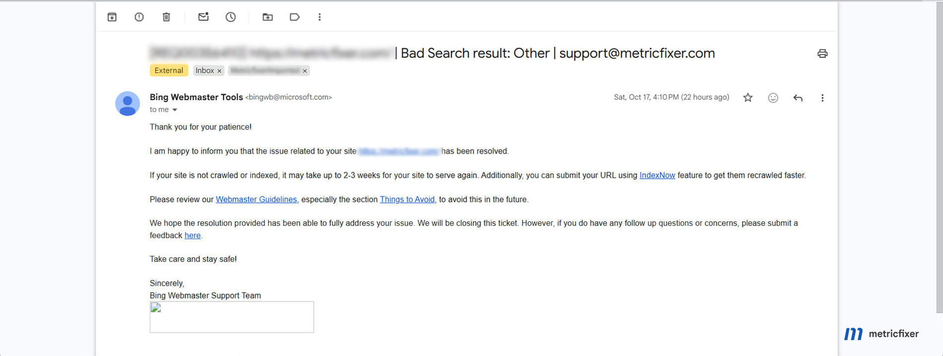 Bing support reporting that a site's issue was resolved without naming the cause, with conditional recrawling guidance.
