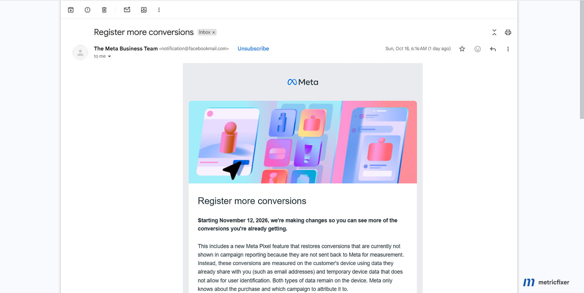 Meta advertiser email announcing on-device conversion recovery from 12 November 2026, with no integration update required and an Events Manager opt-out.