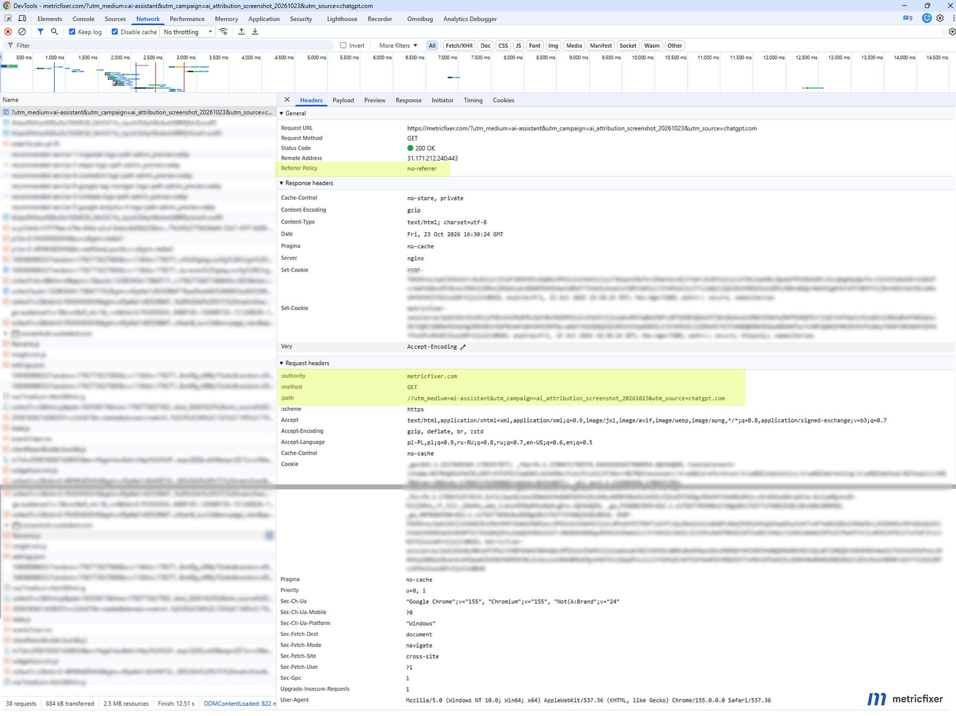 Two Chrome DevTools views of a metricfixer request on October 23, 2026: deliberately supplied UTM tags remain, but the Referer header is absent.