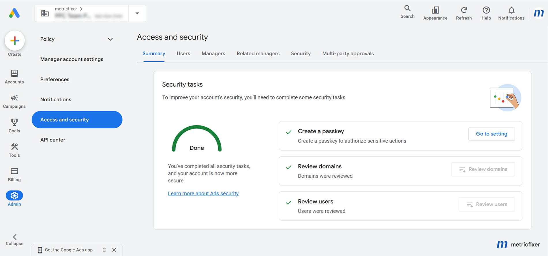 Google Ads Access and security showing user passkey status and the option to include users across the manager-account hierarchy.