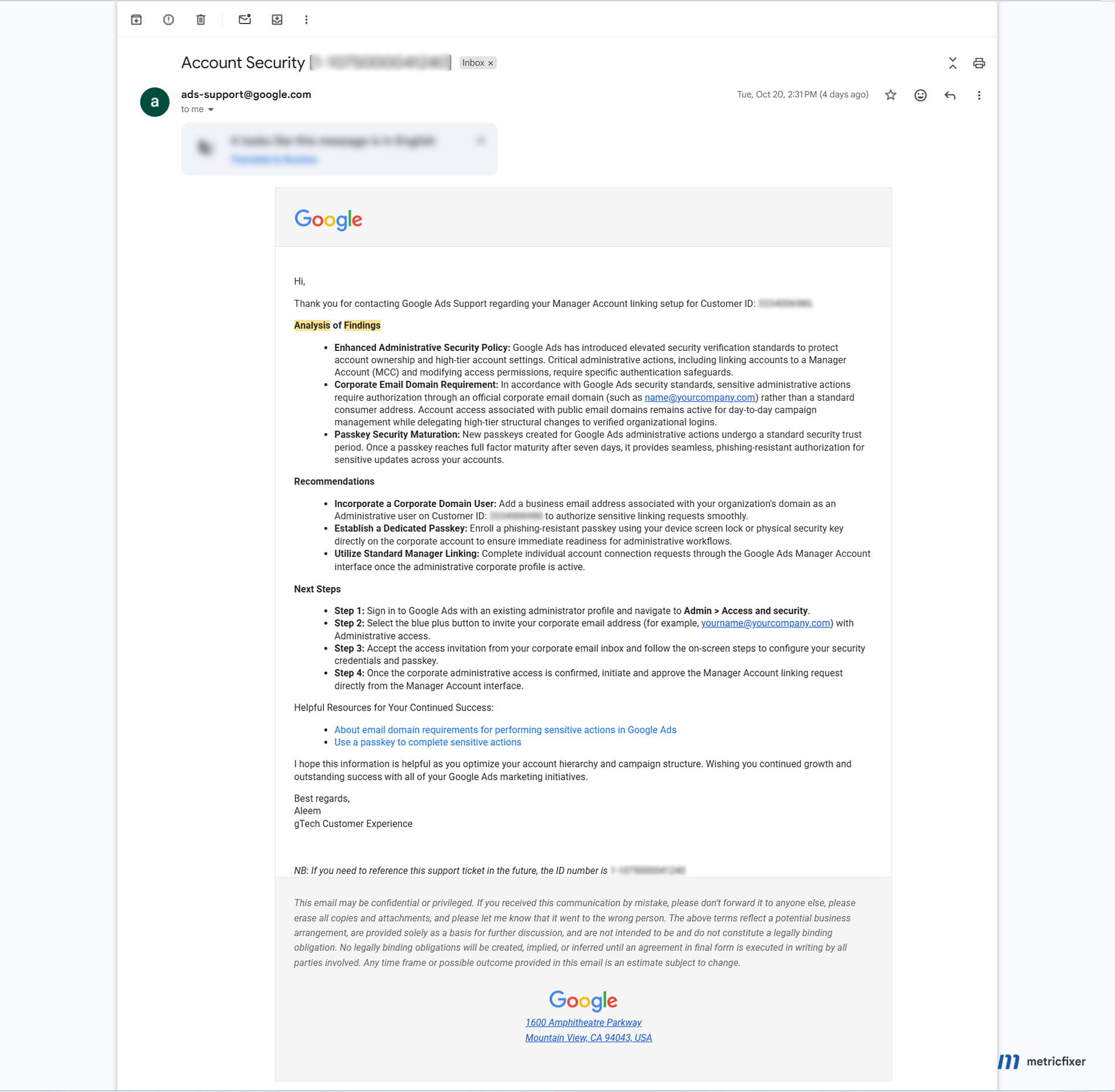 Redacted Google Ads support correspondence about MCC linking, corporate email requirements and a repeated identity-verification error.