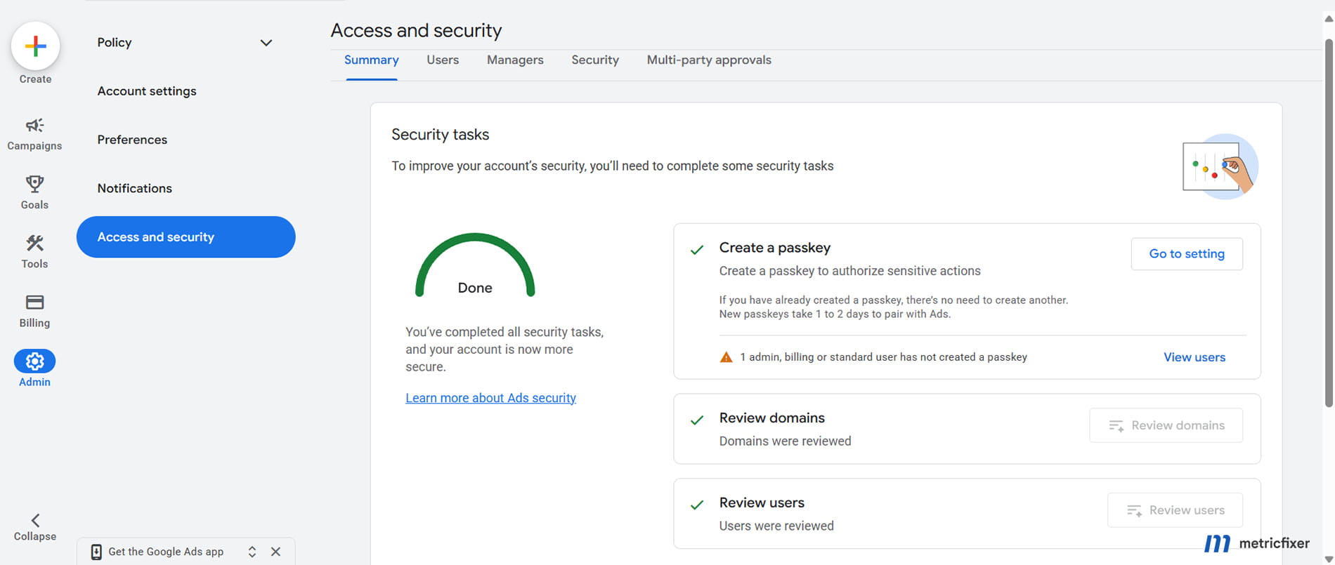 Google Ads Access and security in an individual advertiser account, showing the user access level and passkey status.