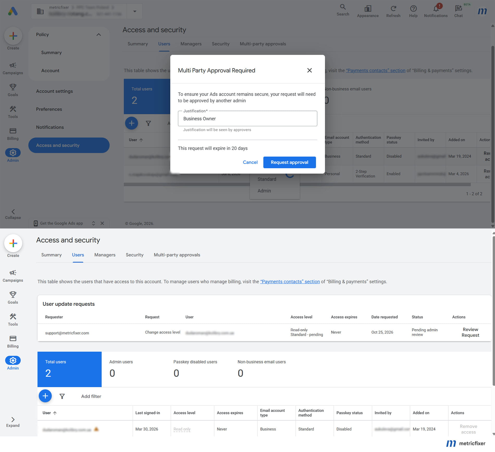 A pending Google Ads security request showing the proposed change and review status, with account and user identifiers redacted.